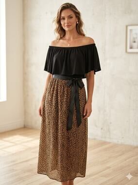 Chelsea Taylor Off Shoulder Leopard Print Midi Dress Size Petite Medium NWT